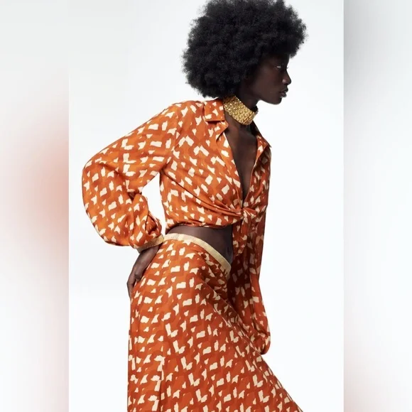 Zara Small Terracotta Print Linen Blend Twist Front Crop Top NWT Beaded Cuffs - Picture 7 of 16